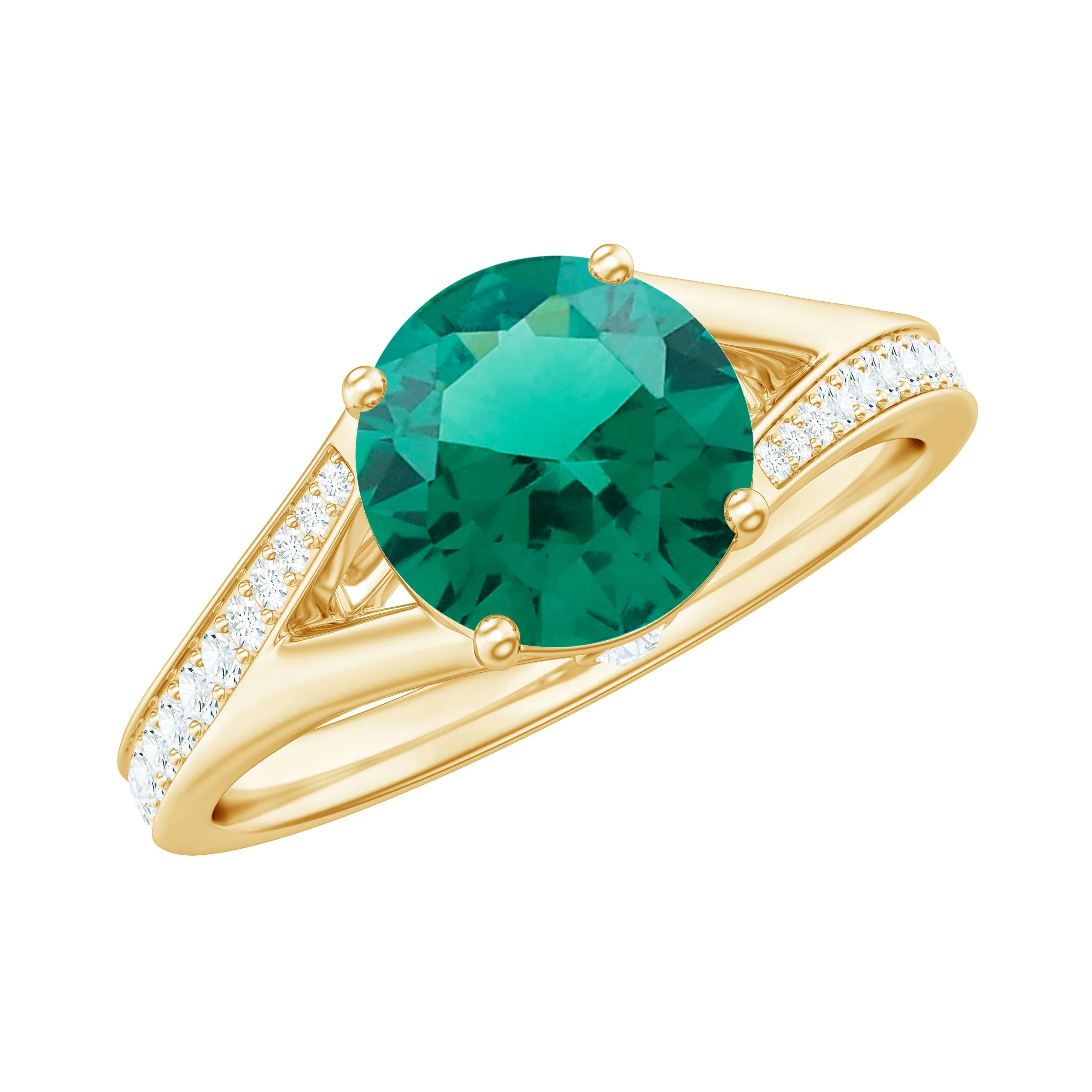 Split Shank Created Emerald Solitaire Ring with Diamond