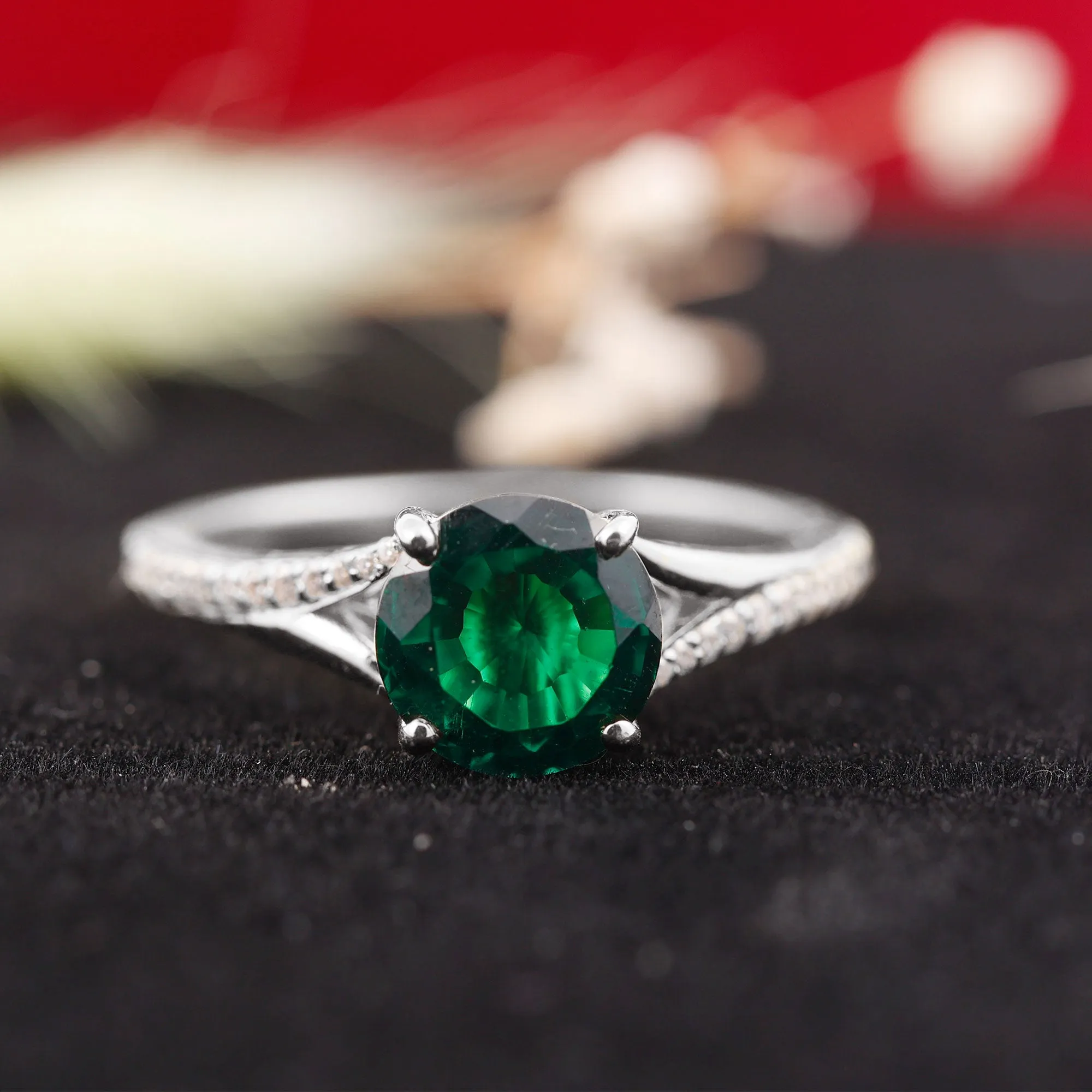 Split Shank Created Emerald Solitaire Ring with Diamond