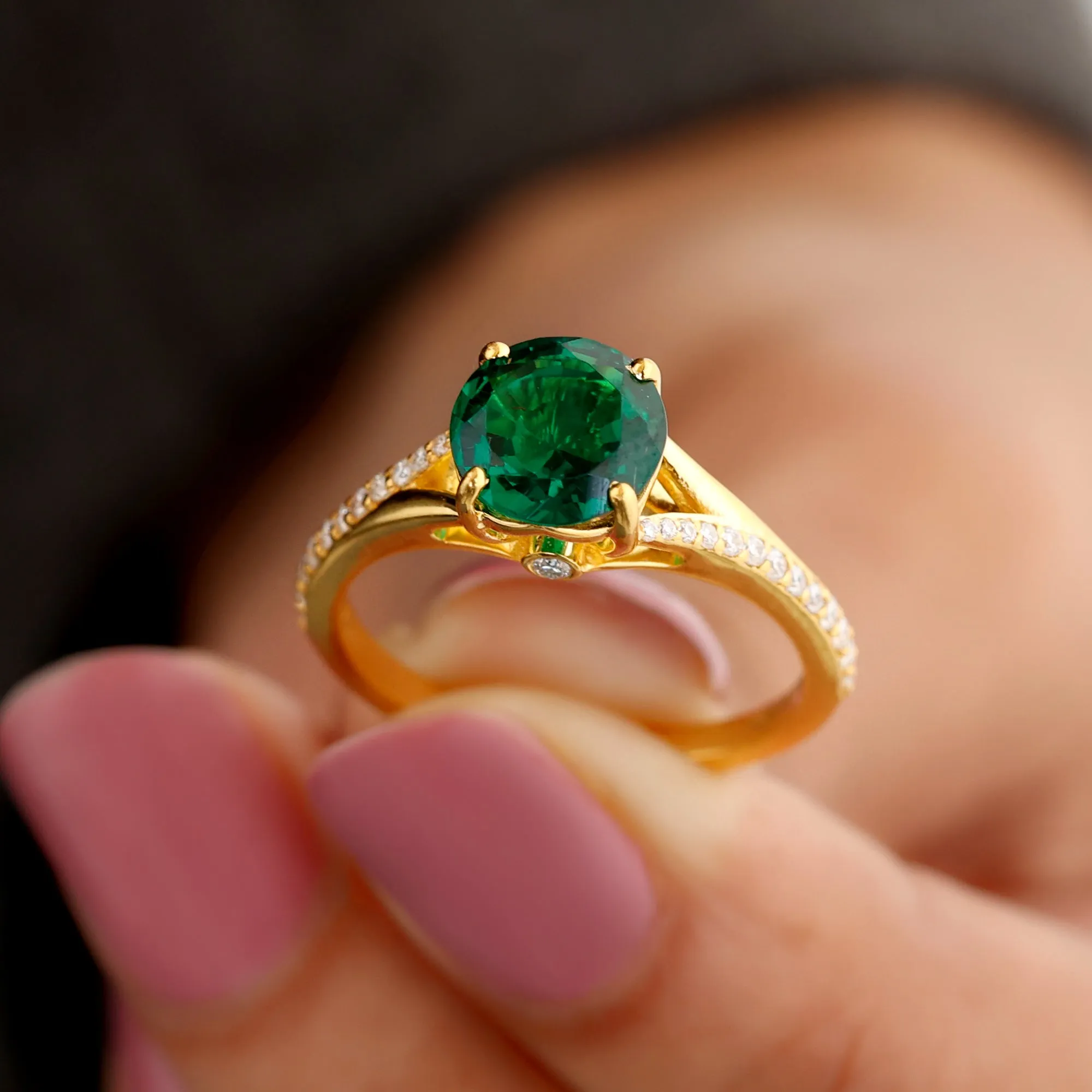 Split Shank Created Emerald Solitaire Ring with Diamond
