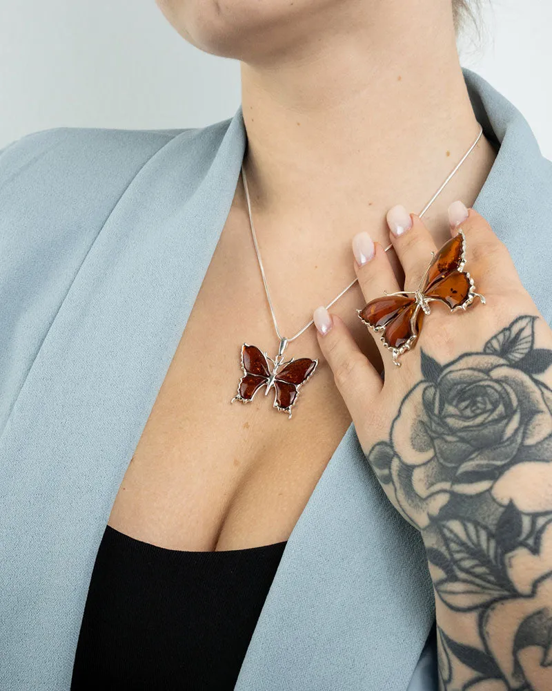 Statement Butterfly Pendant Necklace - Elegant Amber & Sterling Silver Jewelry