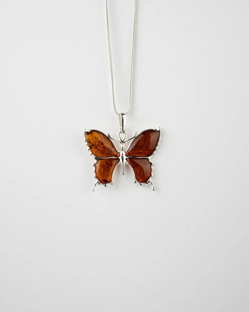 Statement Butterfly Pendant Necklace - Elegant Amber & Sterling Silver Jewelry