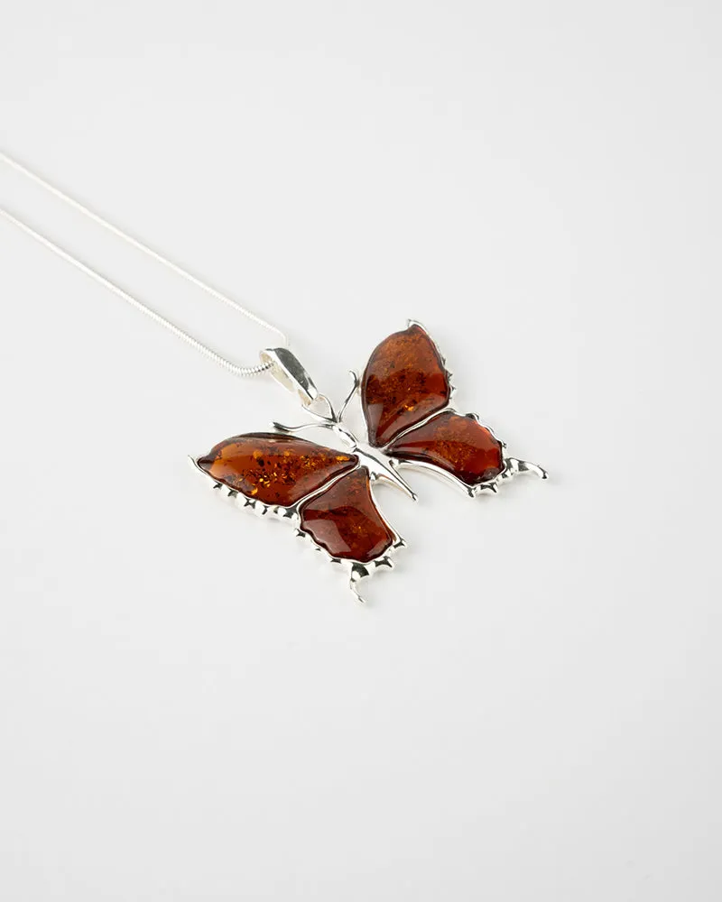 Statement Butterfly Pendant Necklace - Elegant Amber & Sterling Silver Jewelry
