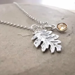 Sterling Silver Acorn Leaf and Gemstone Pendant Necklace