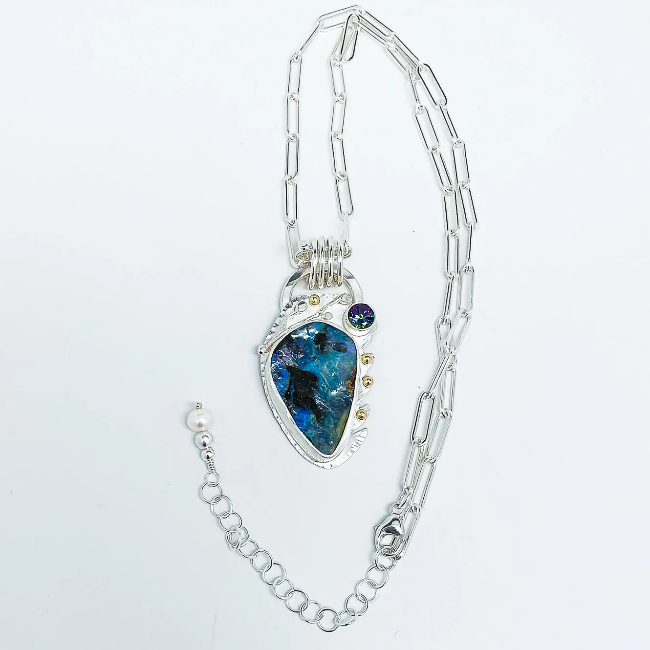 Sterling Silver Boulder Opal, Blue Topaz and Gold Necklace