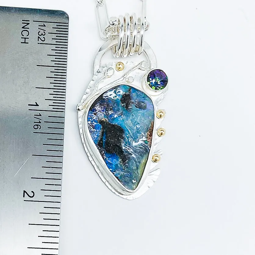 Sterling Silver Boulder Opal, Blue Topaz and Gold Necklace