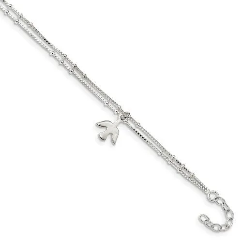 Sterling Silver Double Strand Beaded Dove Anklet
