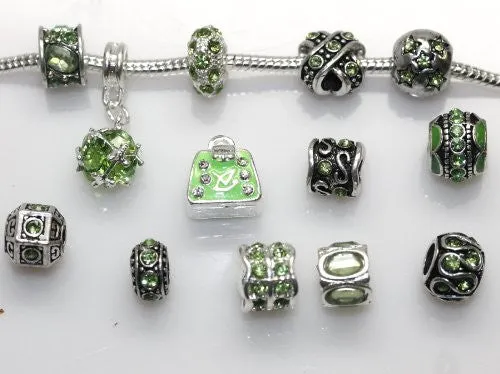 Ten (10) of Assorted Shades of Peridot Green Crystal Rhinestones Beads for Snake Chain Charm Bracelet