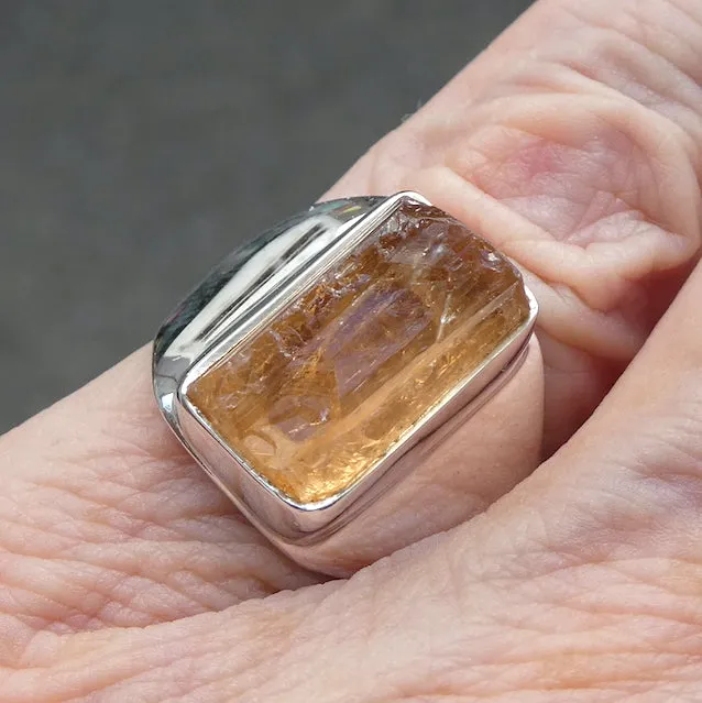 Topaz Ring, Golden, Raw Crystal, Size 7.5, 925 Silver, r3