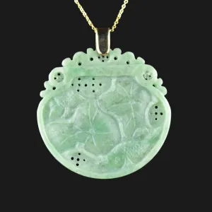 Vintage 14K Gold Carved Jade Fish Lilly Pad Pendant Necklace