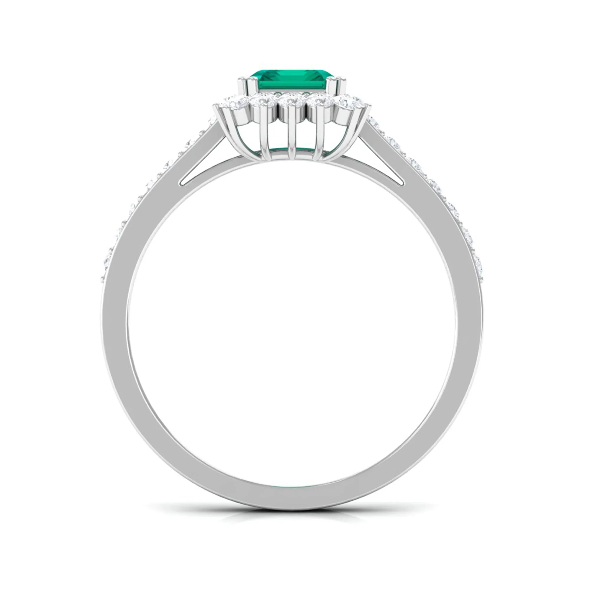 Vintage Inspired Octagon Cut Emerald and Diamond Halo Engagement Ring