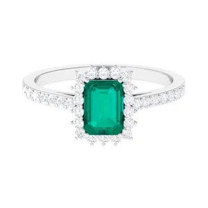 Vintage Inspired Octagon Cut Emerald and Diamond Halo Engagement Ring