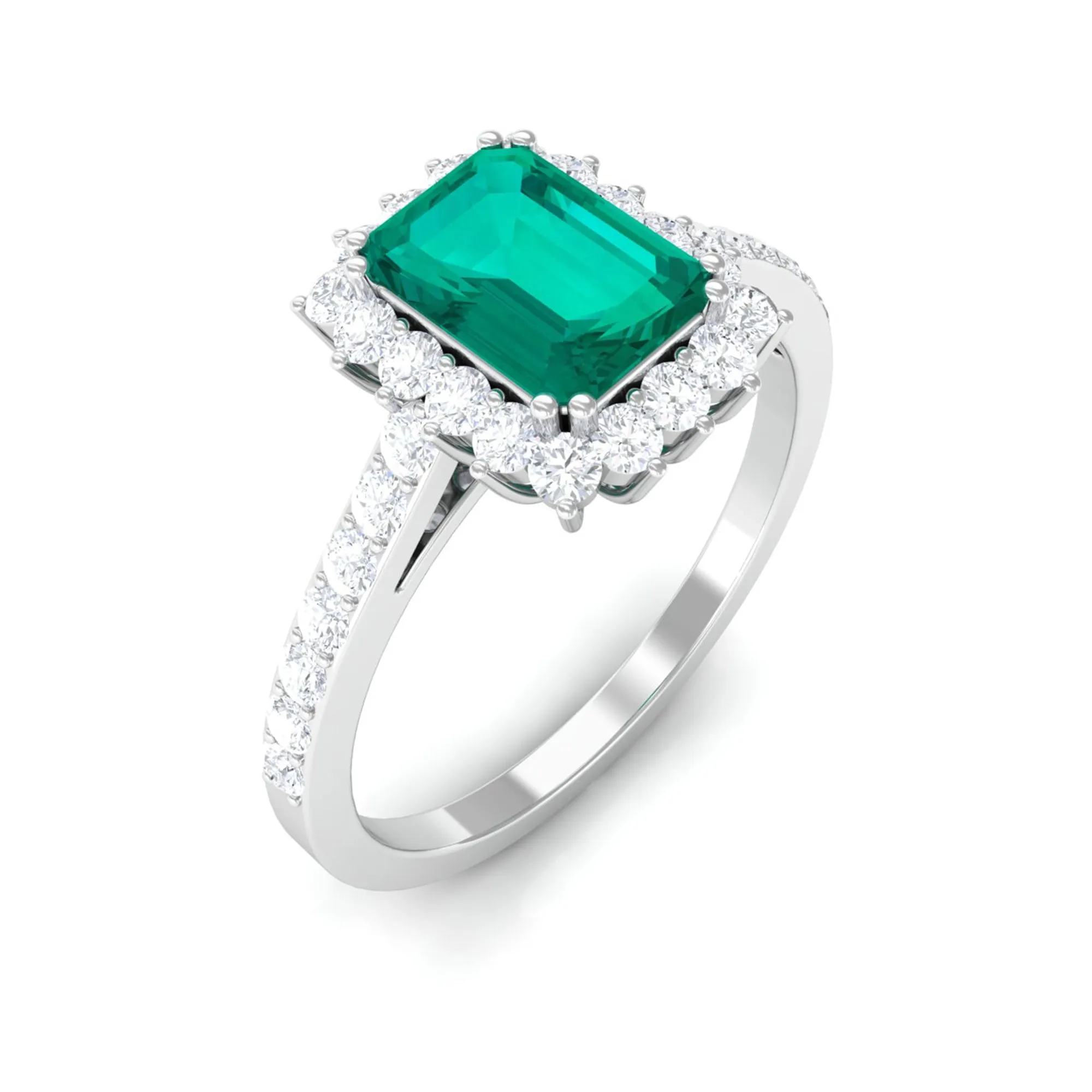 Vintage Inspired Octagon Cut Emerald and Diamond Halo Engagement Ring