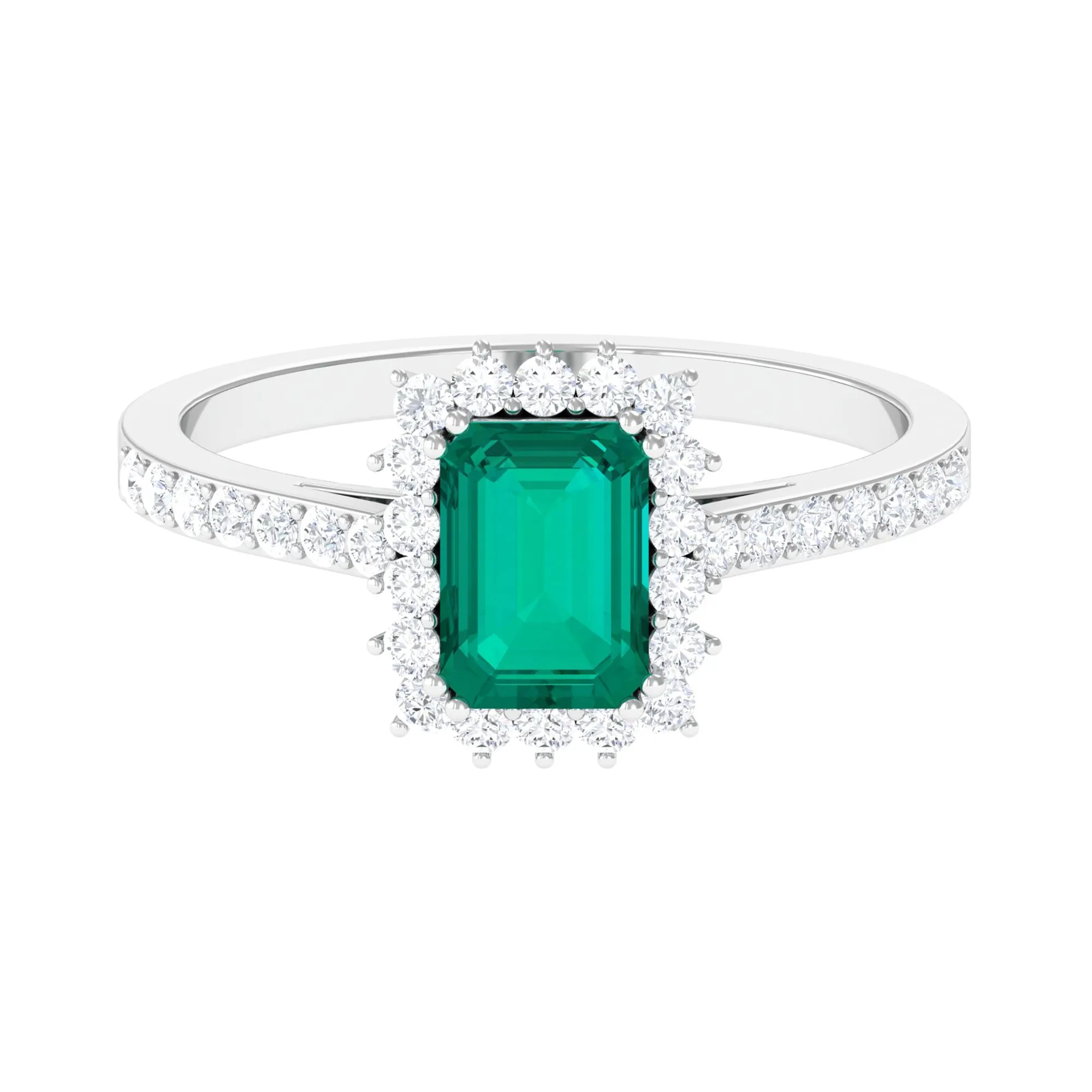 Vintage Inspired Octagon Cut Emerald and Diamond Halo Engagement Ring
