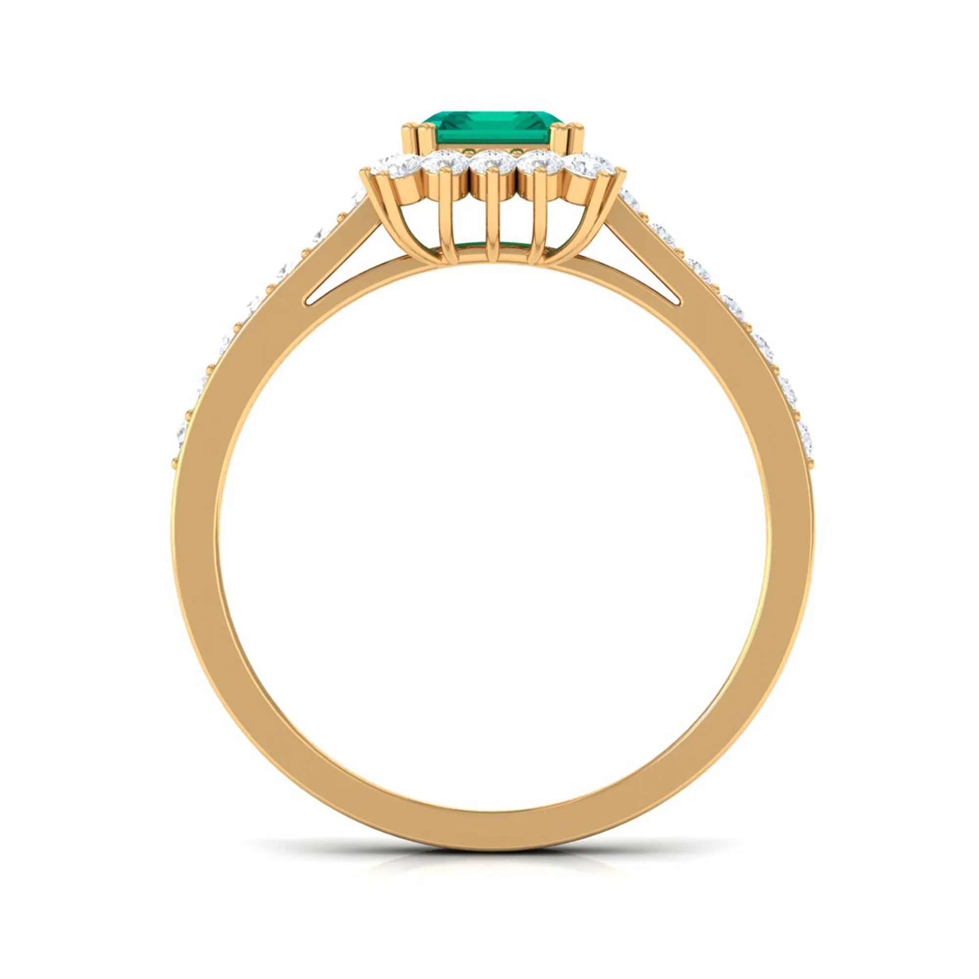 Vintage Inspired Octagon Cut Emerald and Diamond Halo Engagement Ring