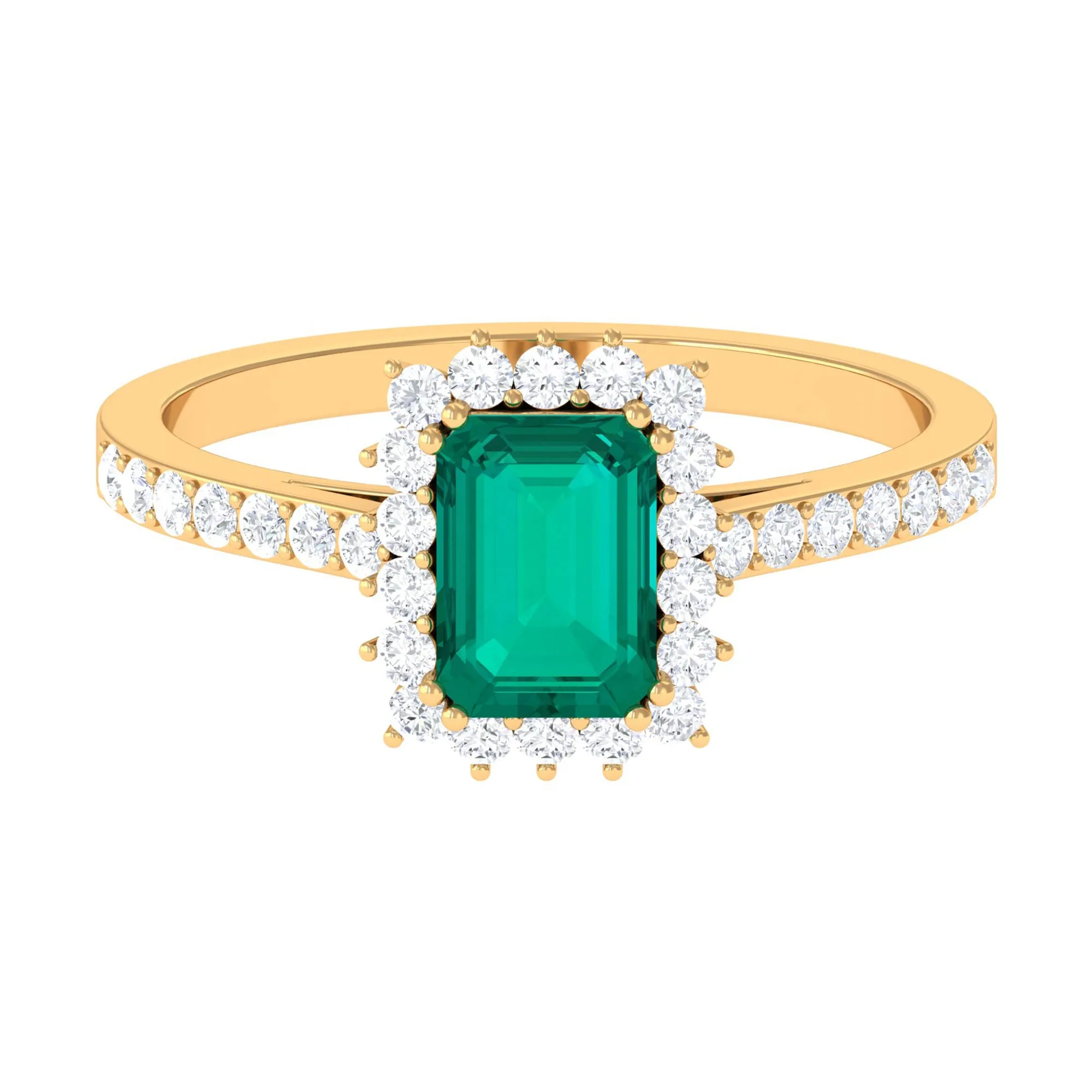 Vintage Inspired Octagon Cut Emerald and Diamond Halo Engagement Ring