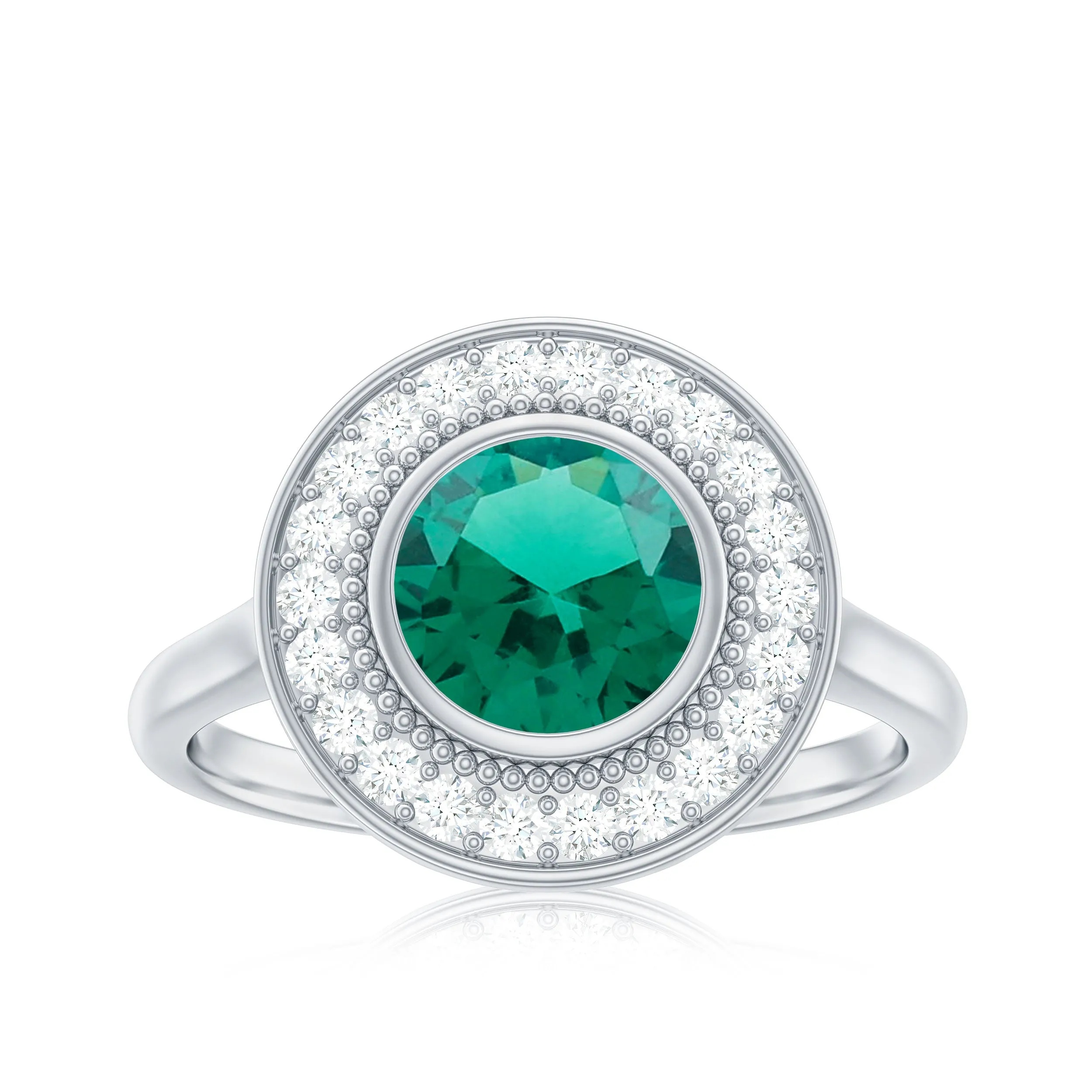 Vintage Style Lab Grown Emerald Engagement Ring With Moissanite Halo