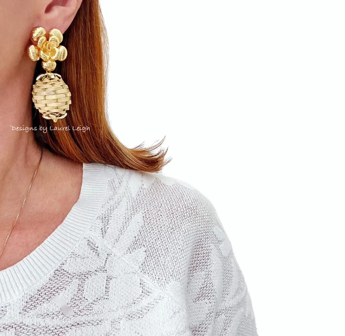 Wicker Rattan Floral Drop Earrings