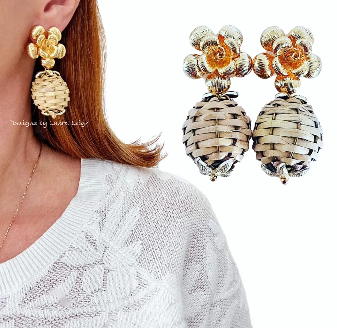 Wicker Rattan Floral Drop Earrings