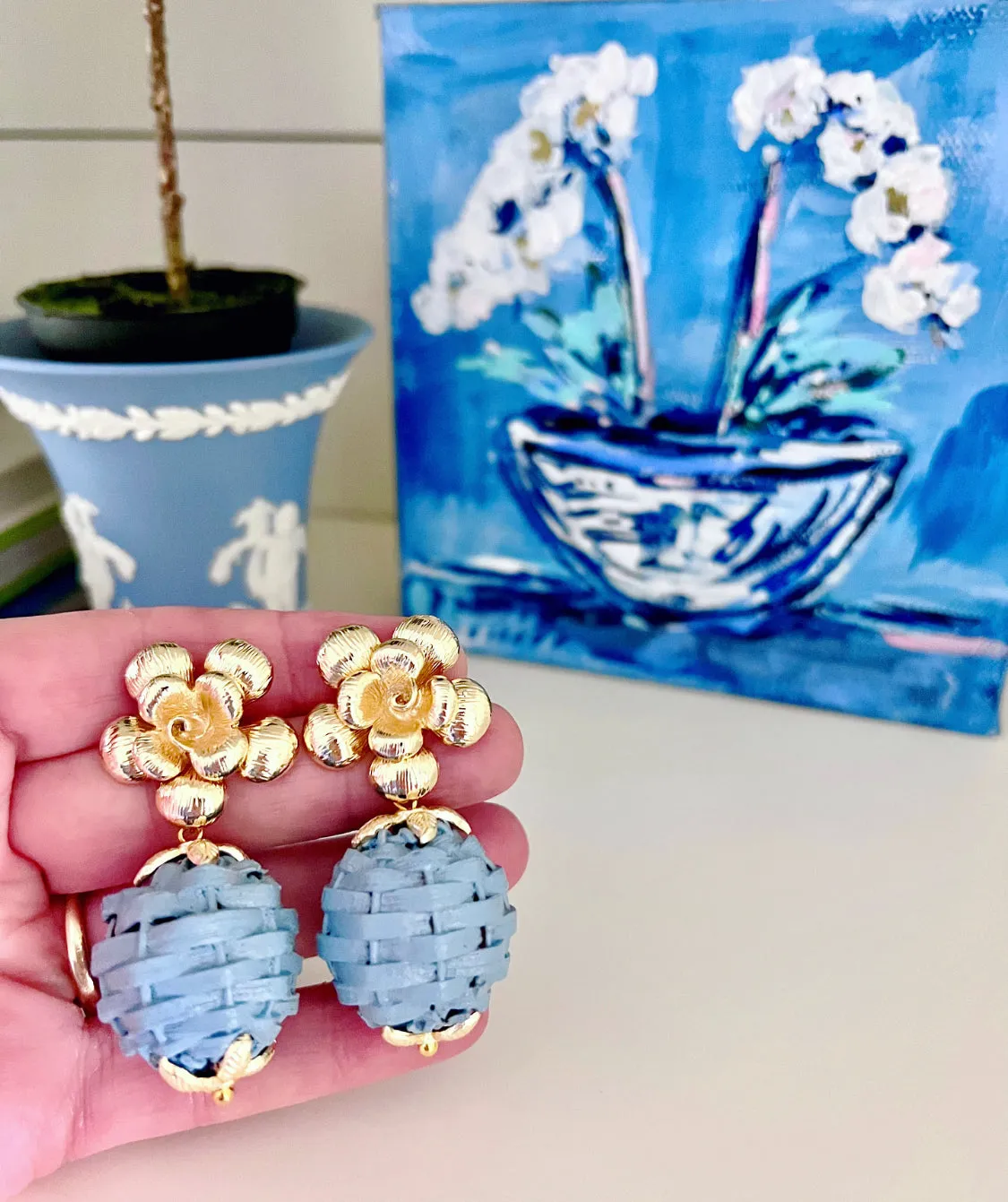 Wicker Rattan Floral Drop Earrings