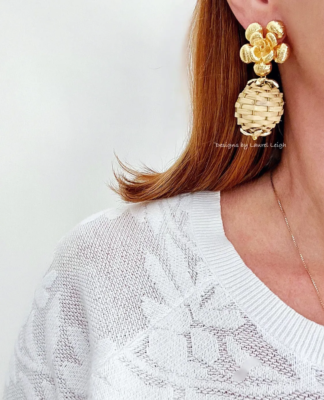 Wicker Rattan Floral Drop Earrings