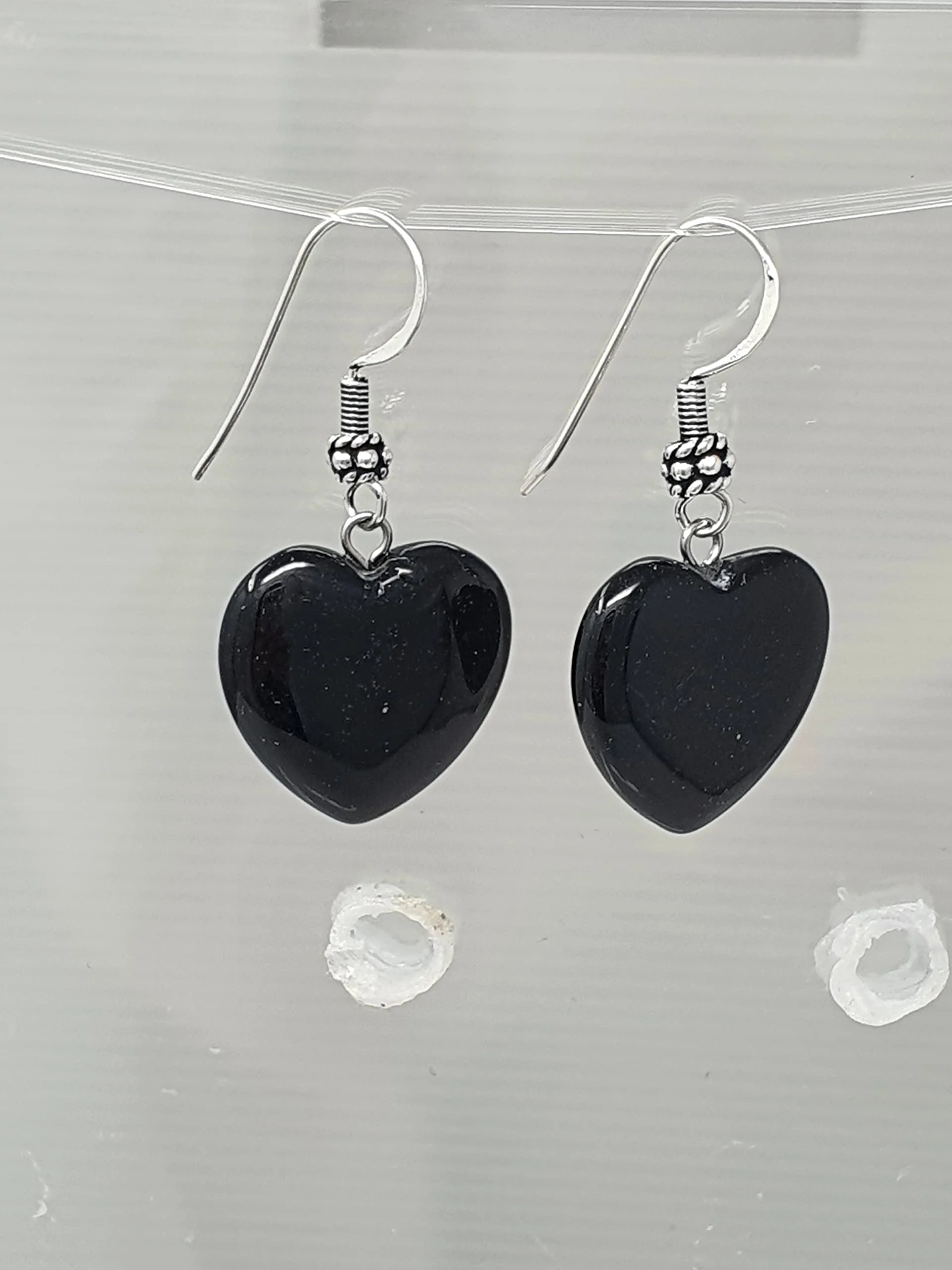 Women's Handmade Natural Black Agate Gemstone Heart Shape Sterling Silver Drop Earrings